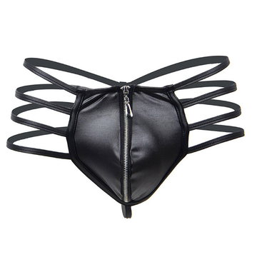 Men's Low Waist PU Leather G-string Briefs / Sexy Hollow Out Open Butt Zipper Thong Underwear - EVE's SECRETS